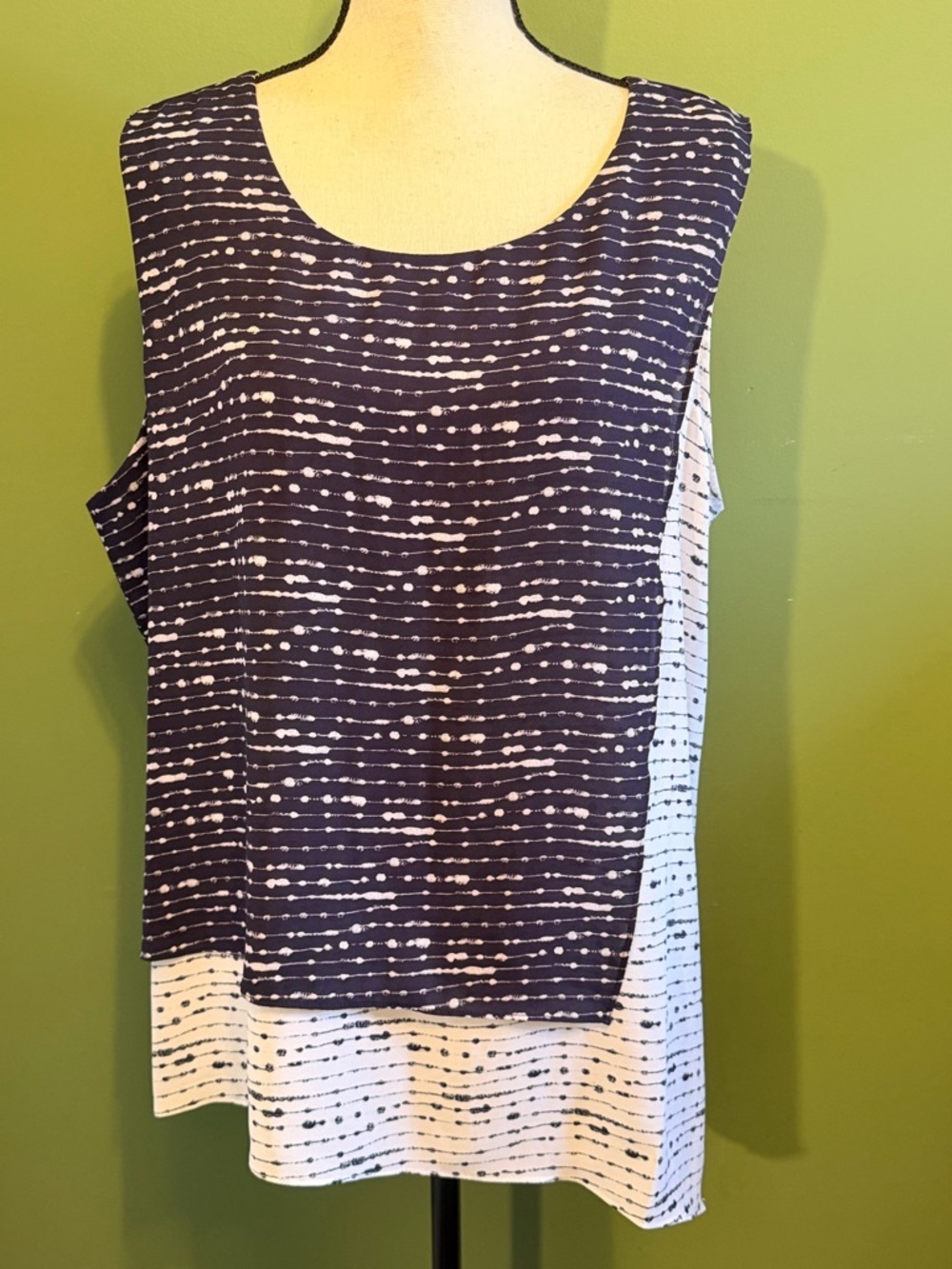 Sleeveless Layered Dot-Stripe asymmetrical Top - Navy/White